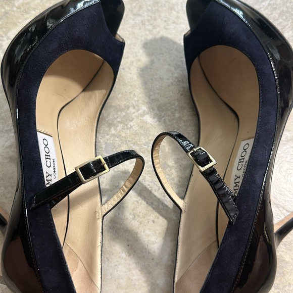 Jimmy Choo Black and Navy Patent and Nubuck Leather Peep Toe Mary Jane Pumps - Picture 9 of 16